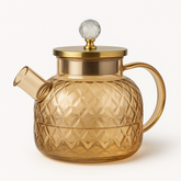 LA' VITE 1L Borosilicate Glass Kettle – Heat-Proof | Golden Stainless Steel Lid | Crystal Knob | 304 SS Strainer | Flame, Induction & Microwave Safe