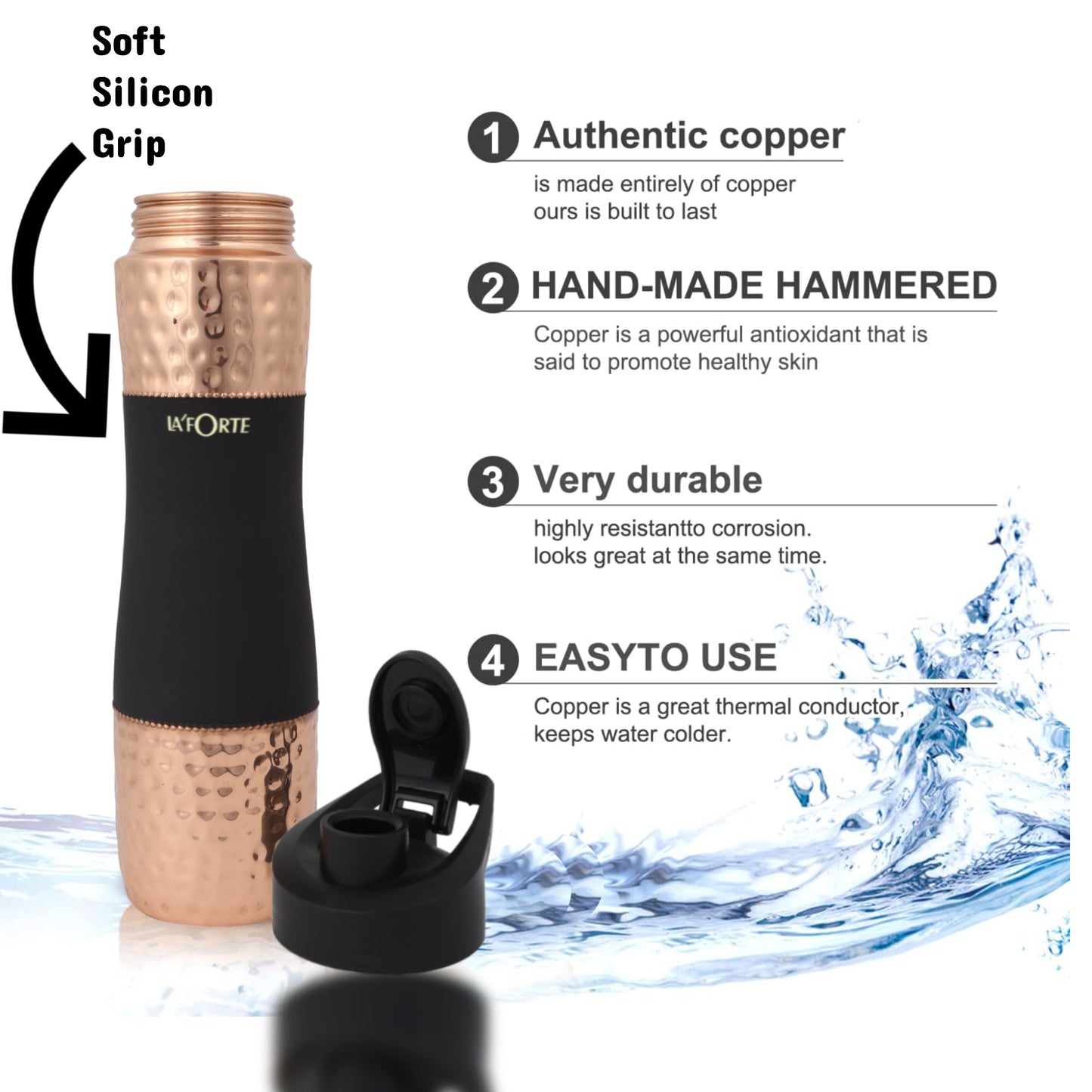 LA' FORTE Pure Copper Water Bottle with Shaker Lid