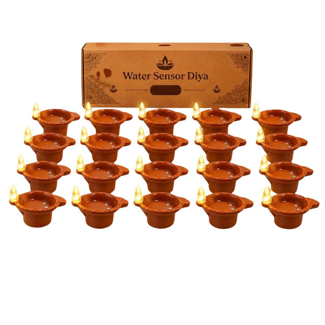 Pack of 20 Water Sensor LED Diyas - Automatic Light Up Flameless Electronic Deepawali Diyas for Home, Temple, Festival, Puja