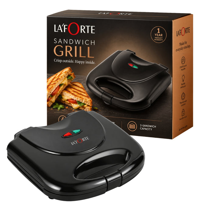 LA’ FORTE 750W Sandwich Maker & Grill | 2-Sandwich, Non-Stick Plates | Black