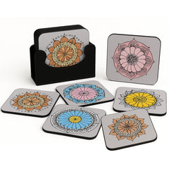 6-Piece Premium Abstract Design Wooden Coaster Set with EPE Anti-Slip Base & Storage Stand | 3.5” Square | Water Resistant