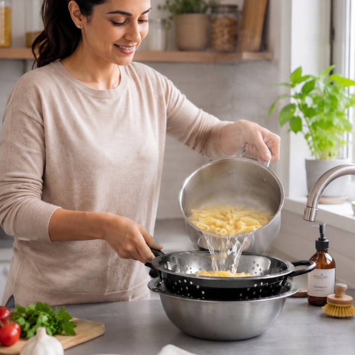 Pasta being drained into the LA’ FORTE black colander and stainless steel bowl set