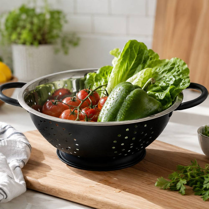Fresh vegetables in the LA’ FORTE black and stainless steel colander