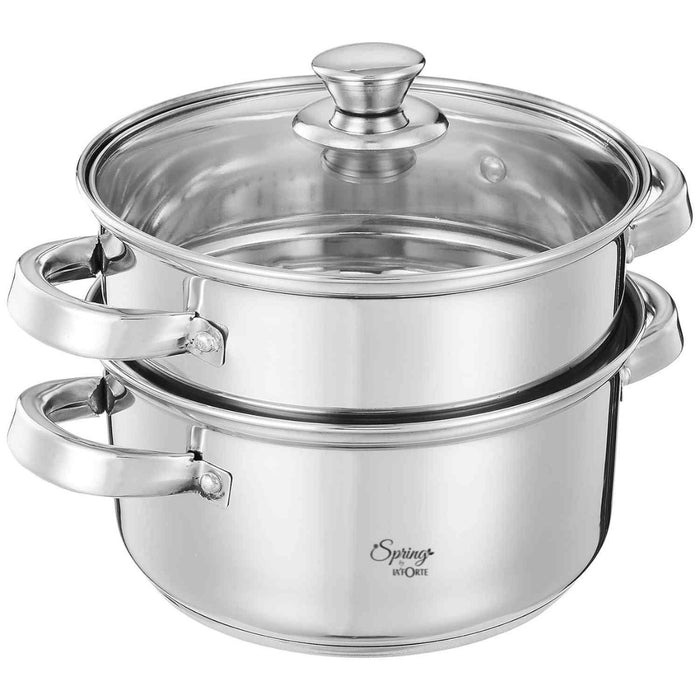 Spring by LA’ FORTE 4.5L Stainless Steel 2-Tier Steamer & Casserole Set | Use as Single-Tier Cookware | Toughened Glass Lid | Riveted Handles