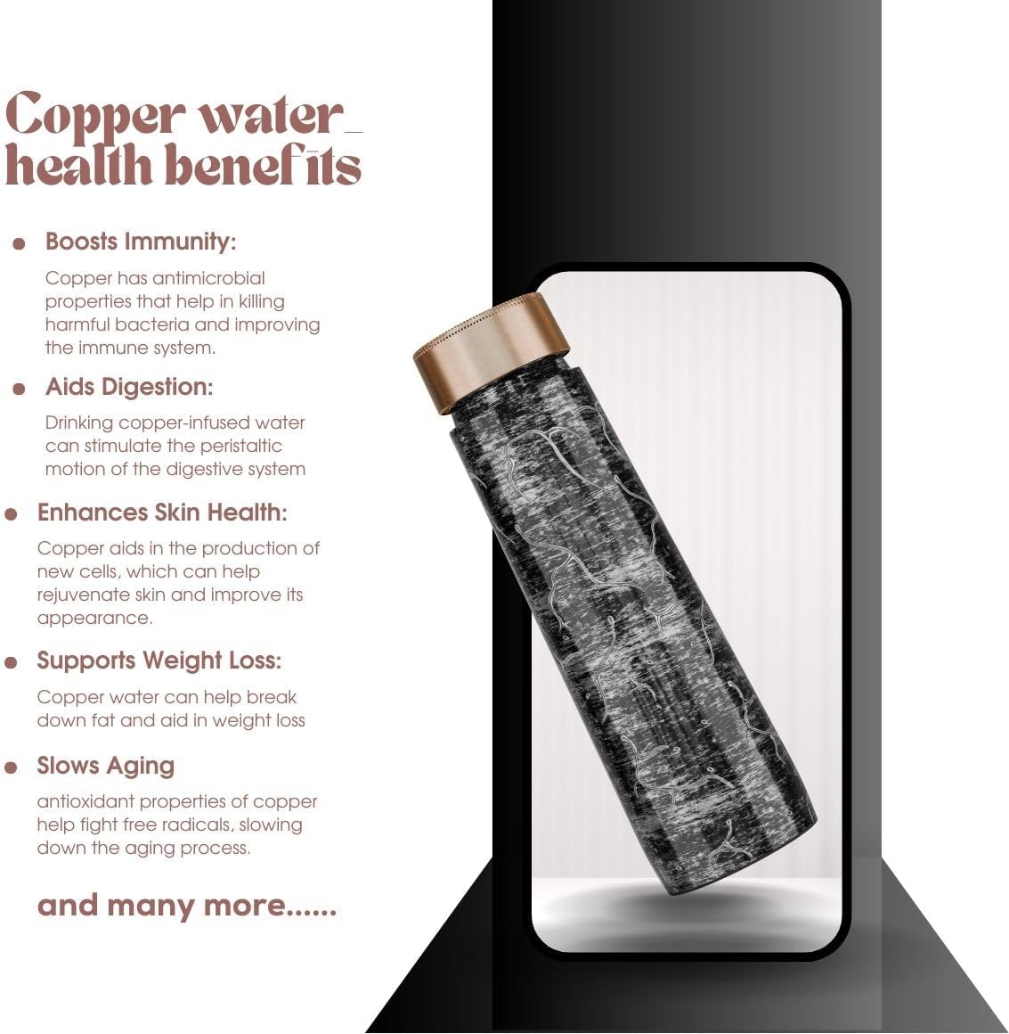 Pure Copper Elegant 1000 ml Premium Coated Water Bottles (Silver Black Abstract, 1000 Ml) (Copy)