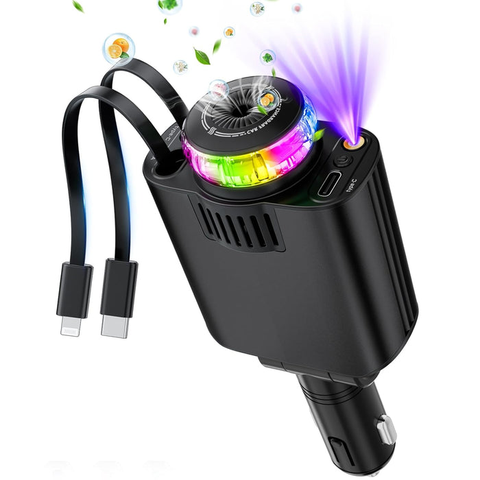 Flixx Retractable Car Charger with Aromatherapy, 5 in 1 Fast Charging 66W Car Phone Charger Adapter, USB C Car Accessories Compatible with iPhone 16/15/14/13/12/11 and Android (Black)