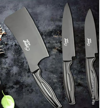 LA' FORTE Black Knife Set 3 Pieces, Sharp Cooking Knife Set with Cleaver (Extreme Sturdiness and Superior Longevity)