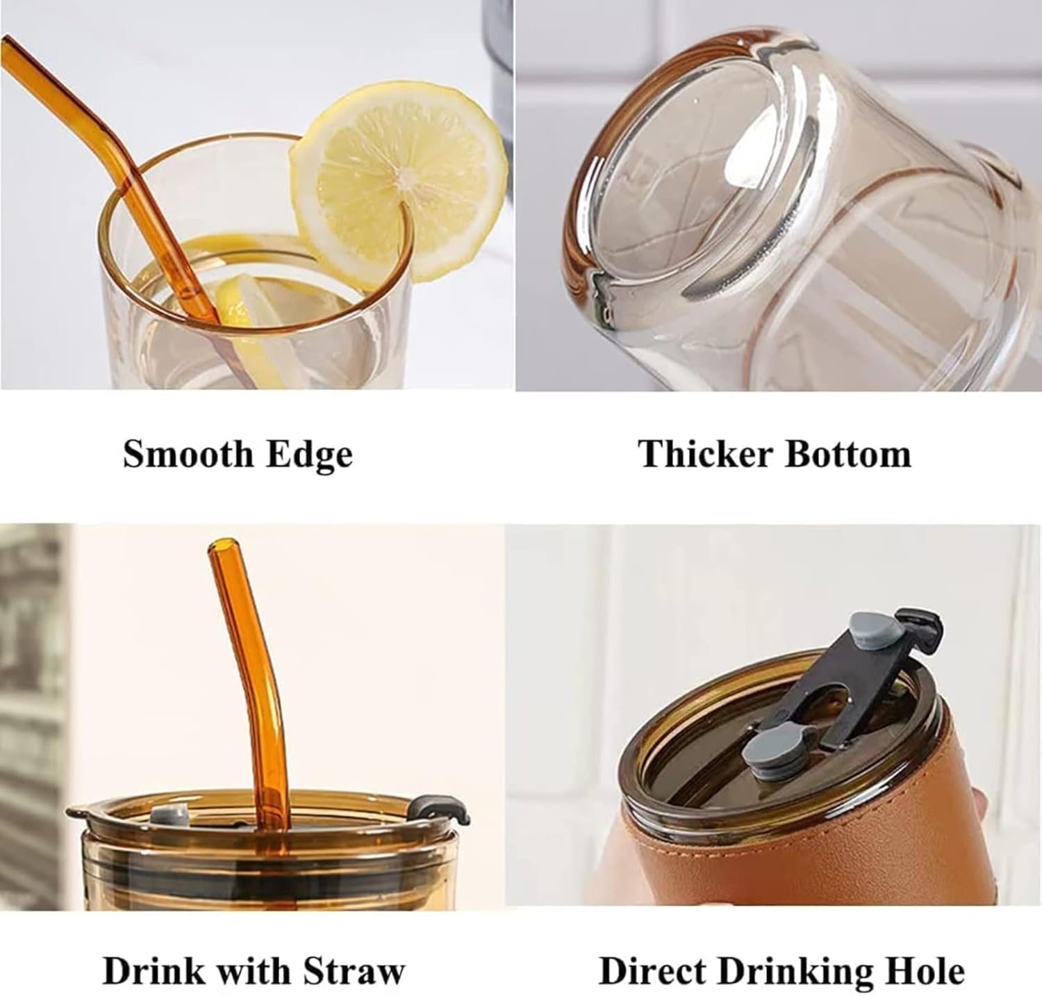 LA' FORTE 450ml Borosilicate Glass Tumbler | Leak-Proof Travel Cup | Glass Straw & Leather Jacket | Hot & Cold Beverages | Dual Drinking Mode - Sip & Straw
