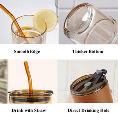LA' FORTE 450ml Borosilicate Glass Tumbler | Leak-Proof Travel Cup | Glass Straw & Leather Jacket | Hot & Cold Beverages | Dual Drinking Mode - Sip & Straw