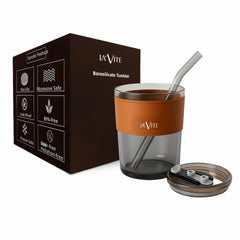 LA' FORTE  Borosilicate Glass Tumbler | Leak-Proof Travel Cup | Glass Straw & Leather Jacket | Hot & Cold Beverages | Dual Drinking Mode - Sip & Straw