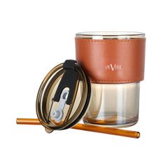 LA' FORTE  Borosilicate Glass Tumbler | Leak-Proof Travel Cup | Glass Straw & Leather Jacket | Hot & Cold Beverages | Dual Drinking Mode - Sip & Straw