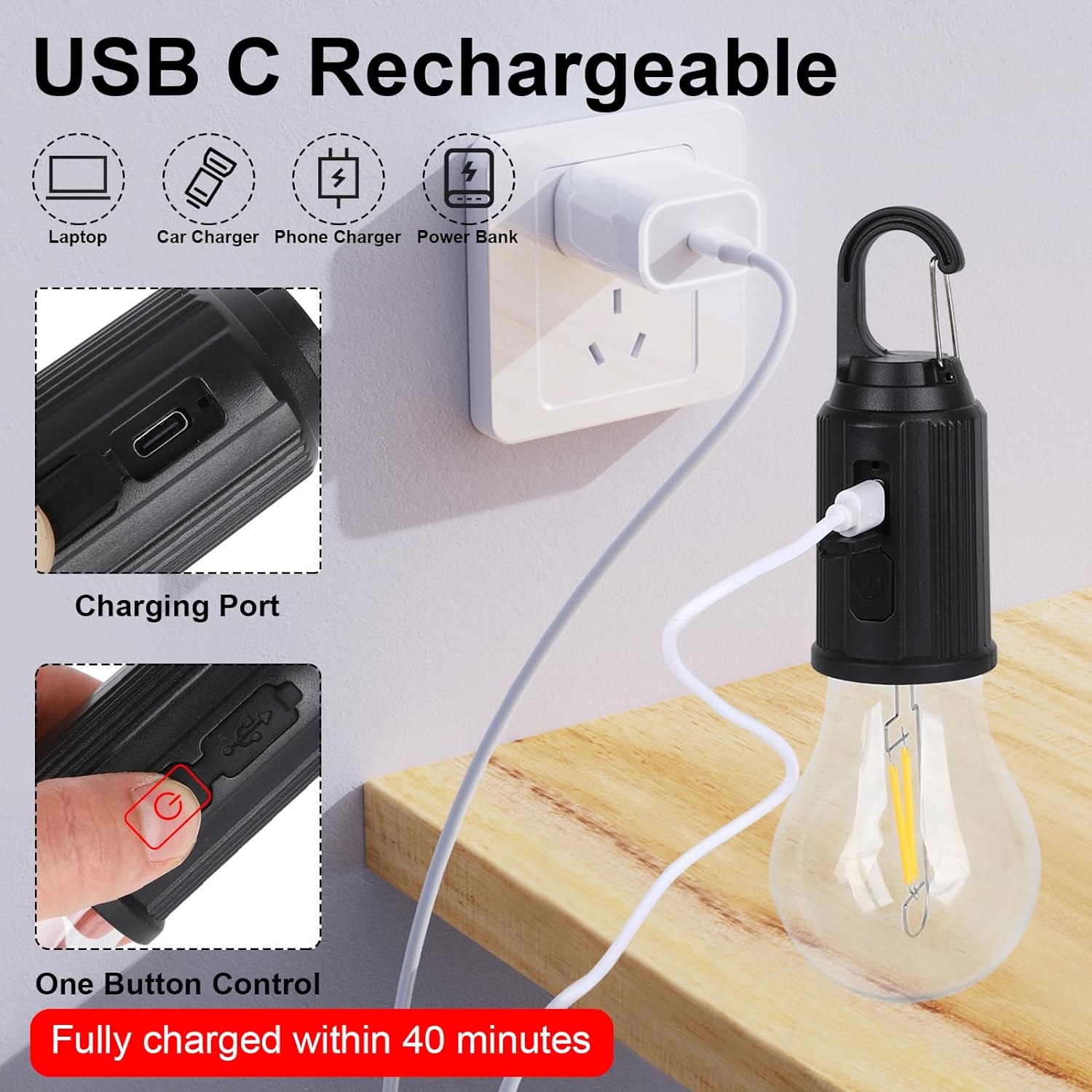 USB Rechargeable LED Bulb with Carabiner Hook 3 Light Modes USB Type C Charging (Pack of 2)