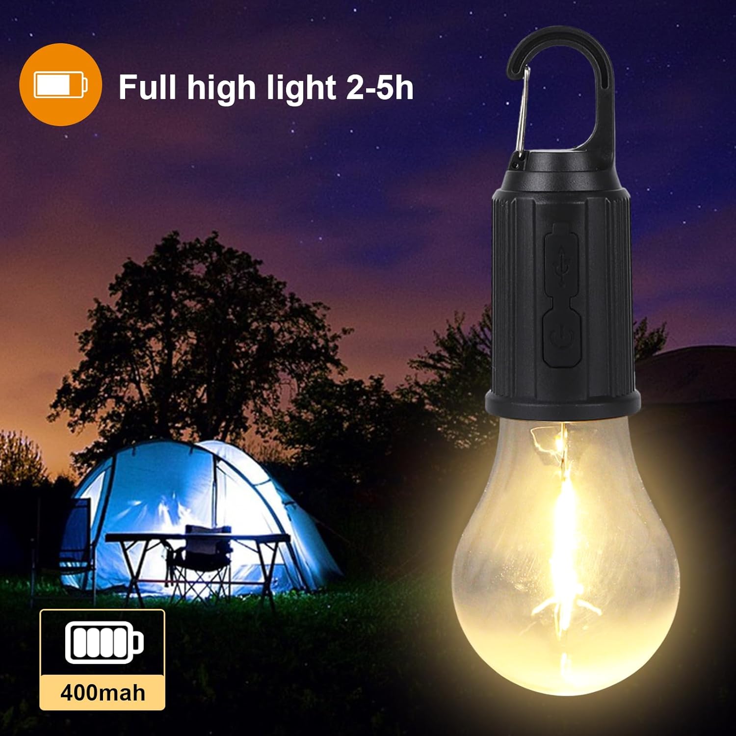 USB Rechargeable LED Bulb with Carabiner Hook 3 Light Modes USB Type C Charging (Pack of 2)