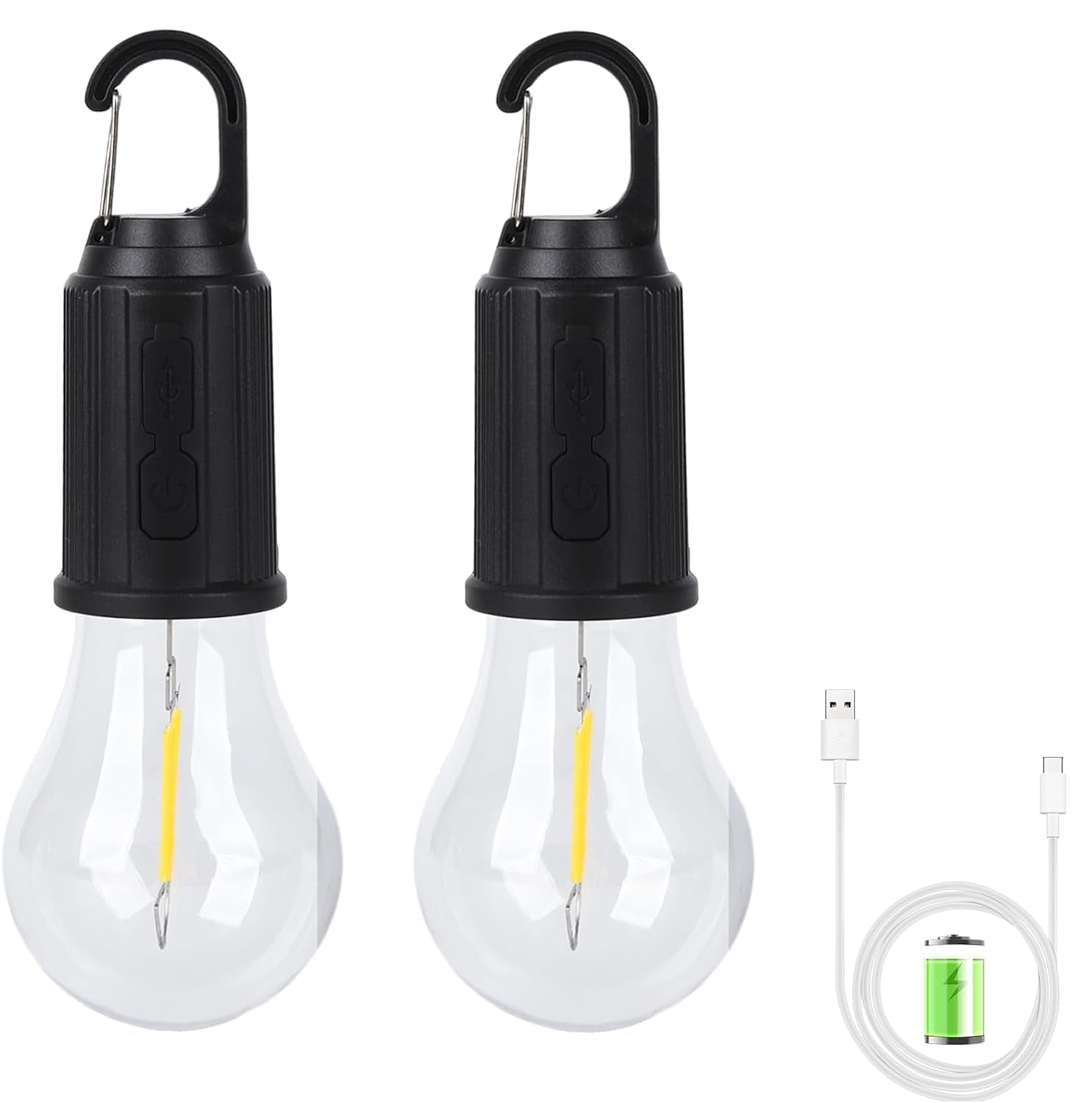 USB Rechargeable LED Bulb with Carabiner Hook 3 Light Modes USB Type C Charging (Pack of 2)