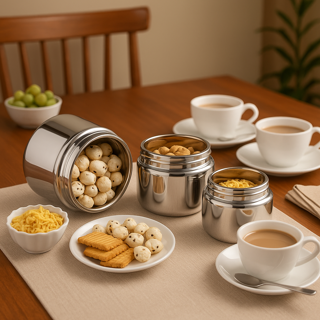 Table setting with silver containers, cups of coffee, and snacks on a wooden table.