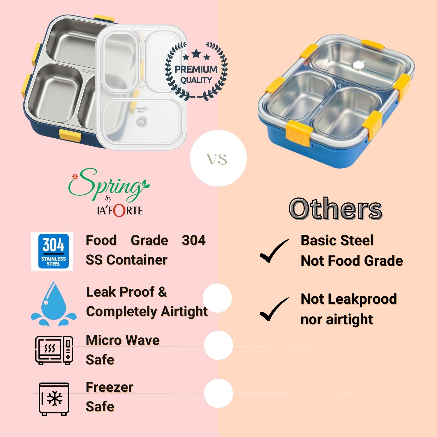 LA’ FORTE 304 Steel Bento Box (900 ml) | 3 Sections | Leak-Proof | Hygienic, Rust-Free | Microwave-Friendly Tiffin for Kids & Adults