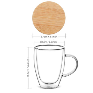 350 ml Double Wall Glass Coffee Mug with Wooden Lid | Borosilicate Insulated Cup for Hot & Cold Beverages | Cool-to-Touch, Anti-Condensation, Elegant Modern Design