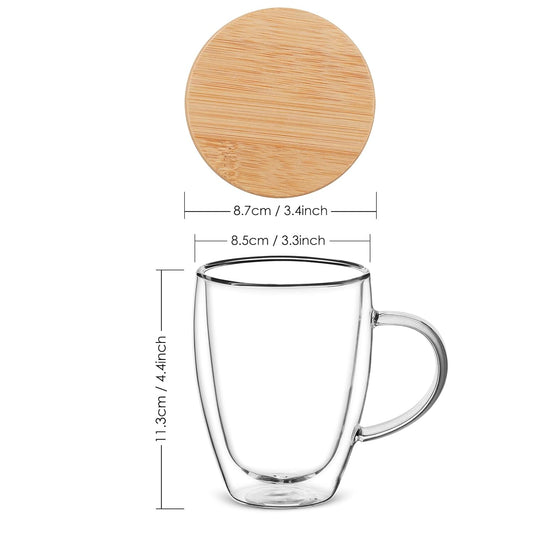 350 ml Double Wall Glass Coffee Mug with Wooden Lid | Borosilicate Insulated Cup for Hot & Cold Beverages | Cool-to-Touch, Anti-Condensation, Elegant Modern Design