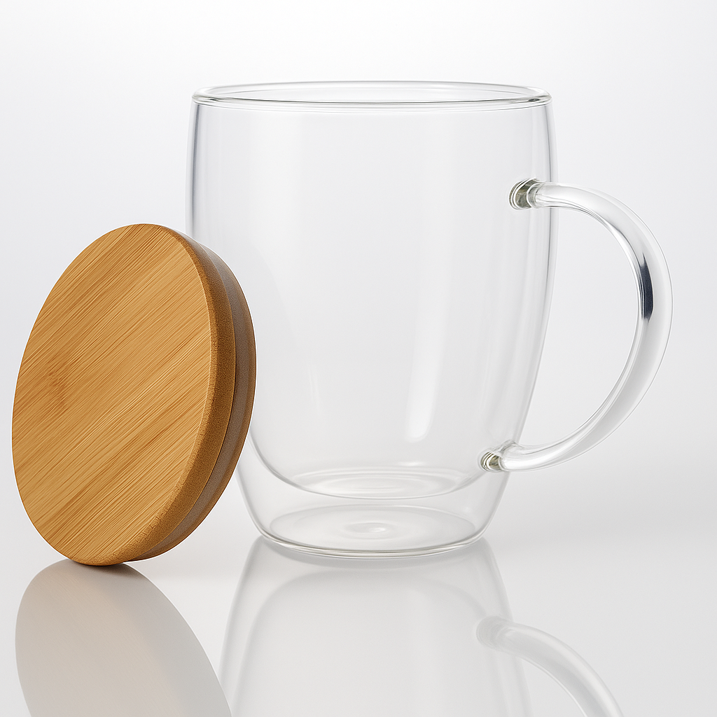 350 ml Double Wall Glass Coffee Mug with Wooden Lid | Borosilicate Insulated Cup for Hot & Cold Beverages | Cool-to-Touch, Anti-Condensation, Elegant Modern Design