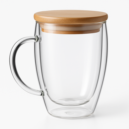 350 ml Double Wall Glass Coffee Mug with Wooden Lid | Borosilicate Insulated Cup for Hot & Cold Beverages | Cool-to-Touch, Anti-Condensation, Elegant Modern Design