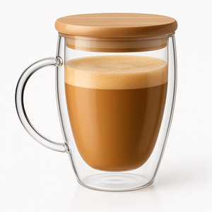350 ml Double Wall Glass Coffee Mug with Wooden Lid | Borosilicate Insulated Cup for Hot & Cold Beverages | Cool-to-Touch, Anti-Condensation, Elegant Modern Design