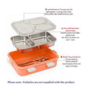 LA’ FORTE 304 Steel Bento Box (900 ml) | 3 Sections | Leak-Proof | Hygienic, Rust-Free | Microwave-Friendly Tiffin for Kids & Adults
