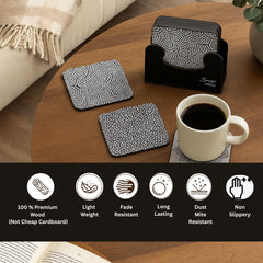 6-Piece Premium Abstract Design Wooden Coaster Set with EPE Anti-Slip Base & Storage Stand | 3.5” Square | Water Resistant