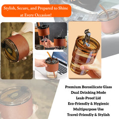 LA' FORTE 450ml Borosilicate Glass Tumbler | Leak-Proof Travel Cup | Glass Straw & Leather Jacket | Hot & Cold Beverages | Dual Drinking Mode - Sip & Straw