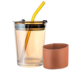 LA' FORTE 450ml Borosilicate Glass Tumbler | Leak-Proof Travel Cup | Glass Straw & Leather Jacket | Hot & Cold Beverages | Dual Drinking Mode - Sip & Straw