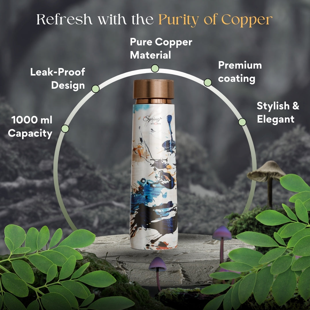 Pure Copper Elegant 1000 ml Premium Coated Water Bottles (White Abstract, 1000 Ml)
