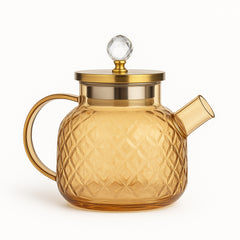 LA' VITE 1L Borosilicate Glass Kettle – Heat-Proof | Golden Stainless Steel Lid | Crystal Knob | 304 SS Strainer | Flame, Induction & Microwave Safe