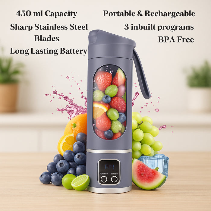 पोर्टेबल USB जूसर ब्लेंडर – 450 मि.ली., 1500mAh रिचार्जेबल बैटरी, 18000 RPM, BPA-फ्री, 3 प्रोग्राम, स्टेनलेस स्टील ब्लेड – स्मूदी, जूस, प्रोटीन शेक के लिए