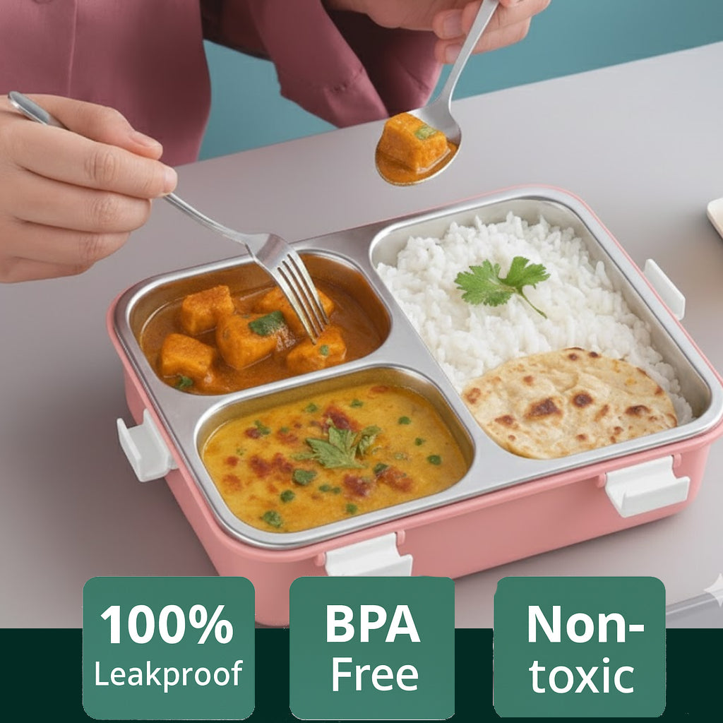LA’ FORTE 304 Steel Bento Box (900 ml) | 3 Sections | Leak-Proof | Hygienic, Rust-Free | Microwave-Friendly Tiffin for Kids & Adults