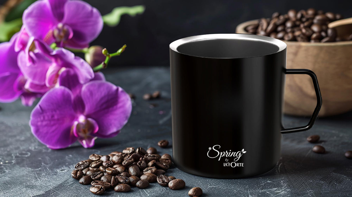 Stainless Steel Coffee and Tea Mugs - 150ml (5.07 oz) - Set of 2 - Black Powder Coated Exterior, Steel Interior