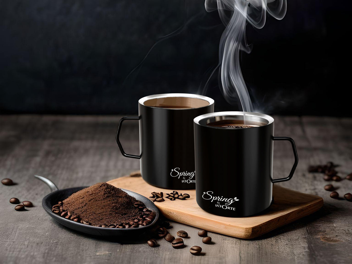 Stainless Steel Coffee and Tea Mugs - 150ml (5.07 oz) - Set of 2 - Black Powder Coated Exterior, Steel Interior