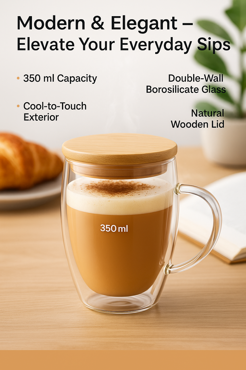 350 ml Double Wall Glass Coffee Mug with Wooden Lid | Borosilicate Insulated Cup for Hot & Cold Beverages | Cool-to-Touch, Anti-Condensation, Elegant Modern Design