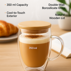 350 ml Double Wall Glass Coffee Mug with Wooden Lid | Borosilicate Insulated Cup for Hot & Cold Beverages | Cool-to-Touch, Anti-Condensation, Elegant Modern Design