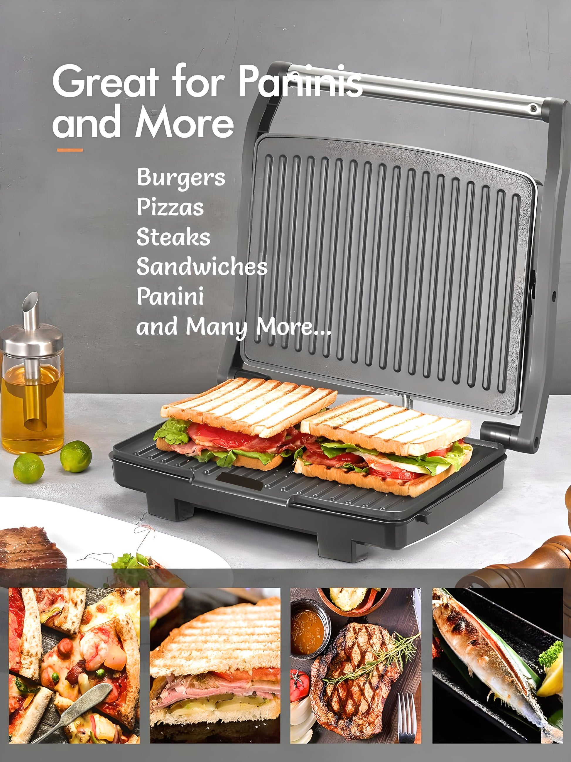 LA' VITE Heavy Duty Panini Grill Sandwich 850W Grill (Silver, Black)