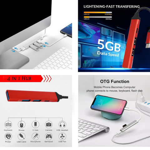 Flixx USB-C Hub | 3 USB-A & 1 USB-C Port | High-Speed Data Transfer & Power Delivery