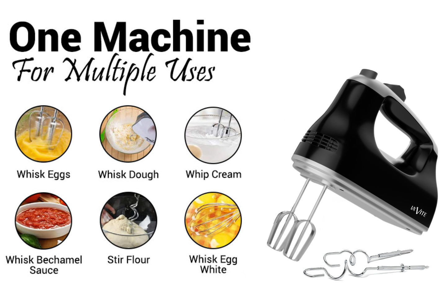 LA' FORTE Hand Mixer 300 W with Dough hook Beater hook and Mounting Bracket