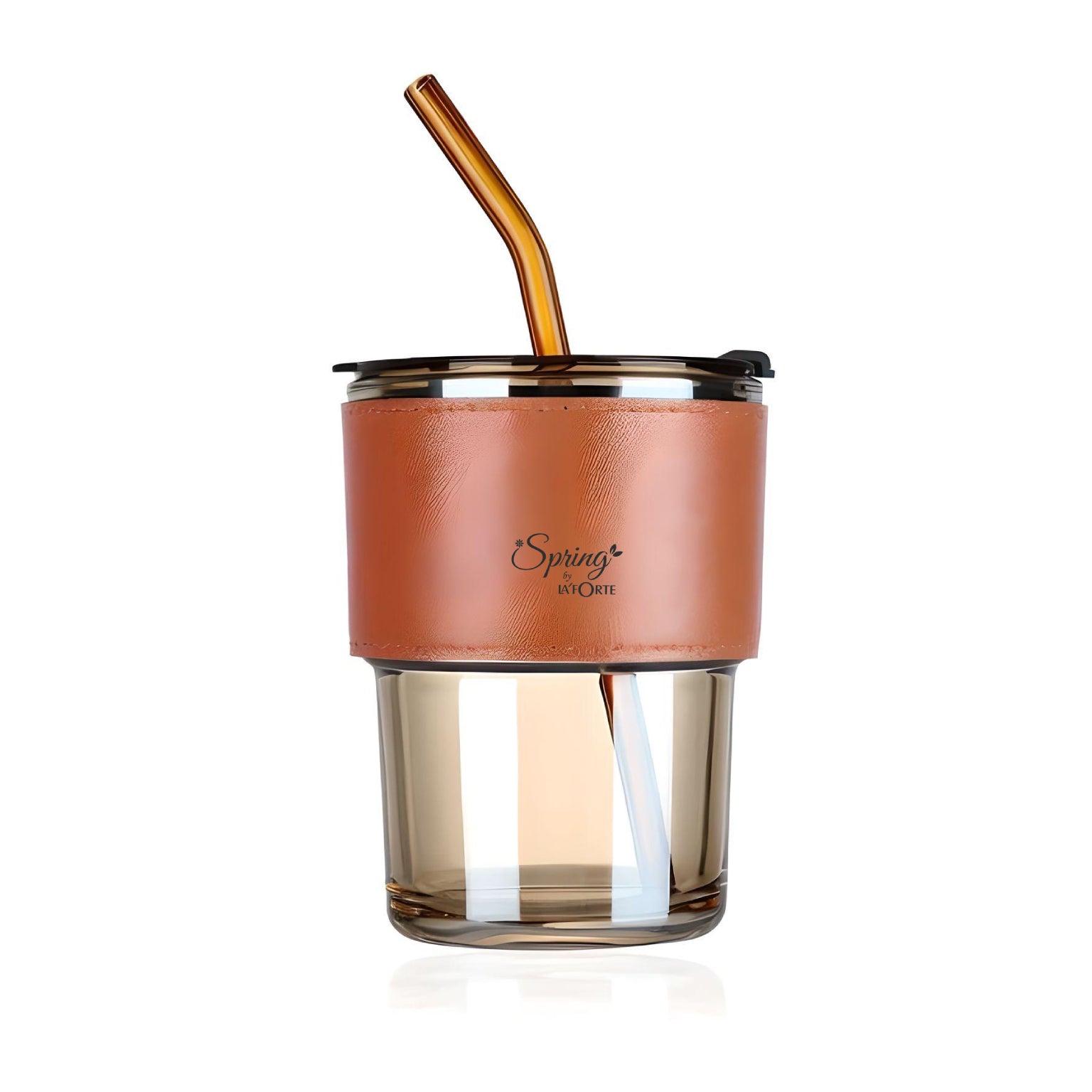 LA' FORTE 450ml Borosilicate Glass Tumbler | Leak-Proof Travel Cup | Glass Straw & Leather Jacket | Hot & Cold Beverages | Dual Drinking Mode - Sip & Straw