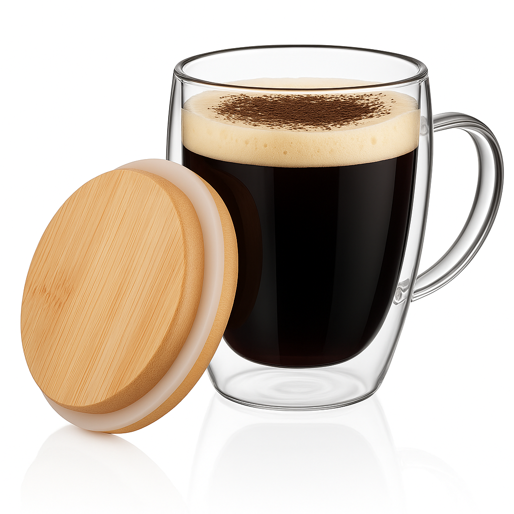 350 ml Double Wall Glass Coffee Mug with Wooden Lid | Borosilicate Insulated Cup for Hot & Cold Beverages | Cool-to-Touch, Anti-Condensation, Elegant Modern Design