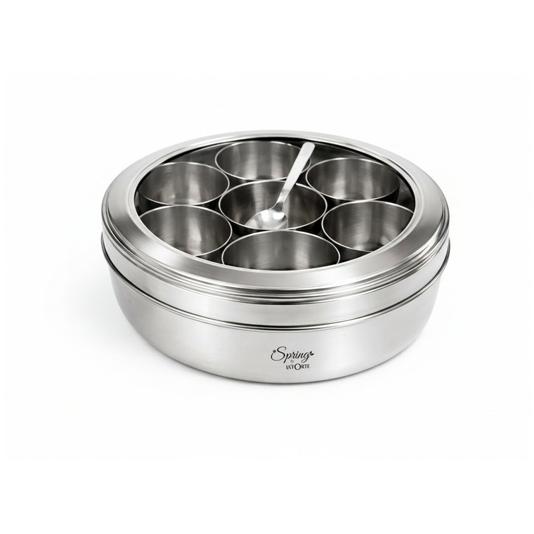 Spring by LA’ FORTE Stainless Steel Masala Dabba 8 Inch | 7 Containers + Spoon | Airtight See-Through Lid | 1400 ml