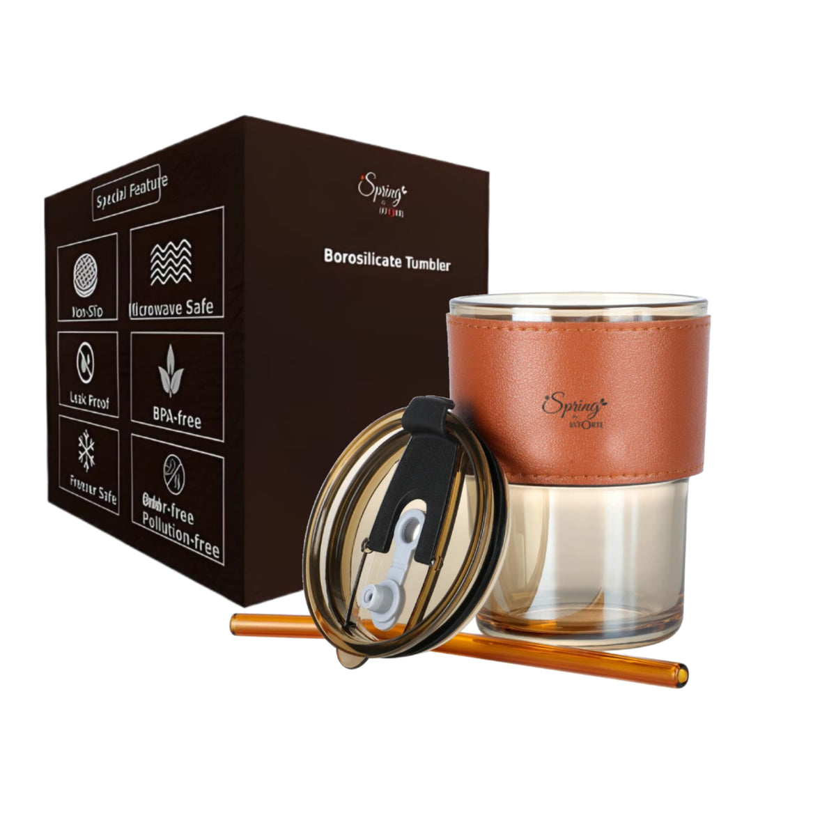 LA' FORTE 450ml Borosilicate Glass Tumbler | Leak-Proof Travel Cup | Glass Straw & Leather Jacket | Hot & Cold Beverages | Dual Drinking Mode - Sip & Straw