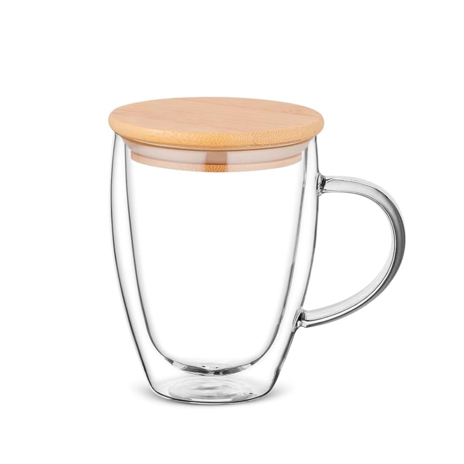 350 ml Double Wall Glass Coffee Mug with Wooden Lid | Borosilicate Insulated Cup for Hot & Cold Beverages | Cool-to-Touch, Anti-Condensation, Elegant Modern Design