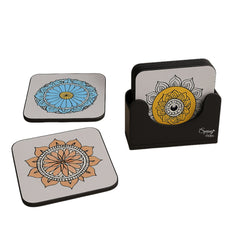 6-Piece Premium Abstract Design Wooden Coaster Set with EPE Anti-Slip Base & Storage Stand | 3.5” Square | Water Resistant