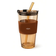 LA' FORTE  Borosilicate Glass Tumbler | Leak-Proof Travel Cup | Glass Straw & Leather Jacket | Hot & Cold Beverages | Dual Drinking Mode - Sip & Straw