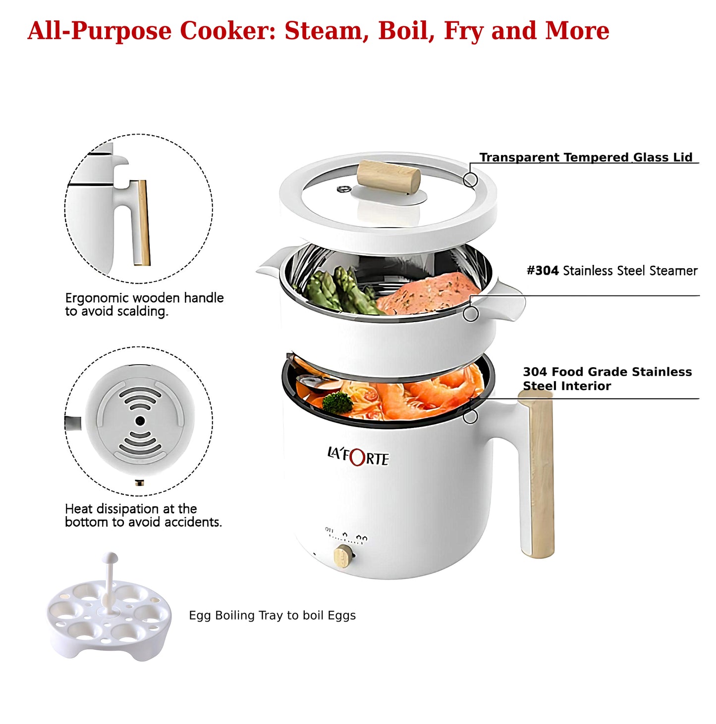 LA' FORTE Multi Cook kettle with Steamer and Egg Boiling Tray Food Grade 304 SS Interior, Double Wall Cool Touch