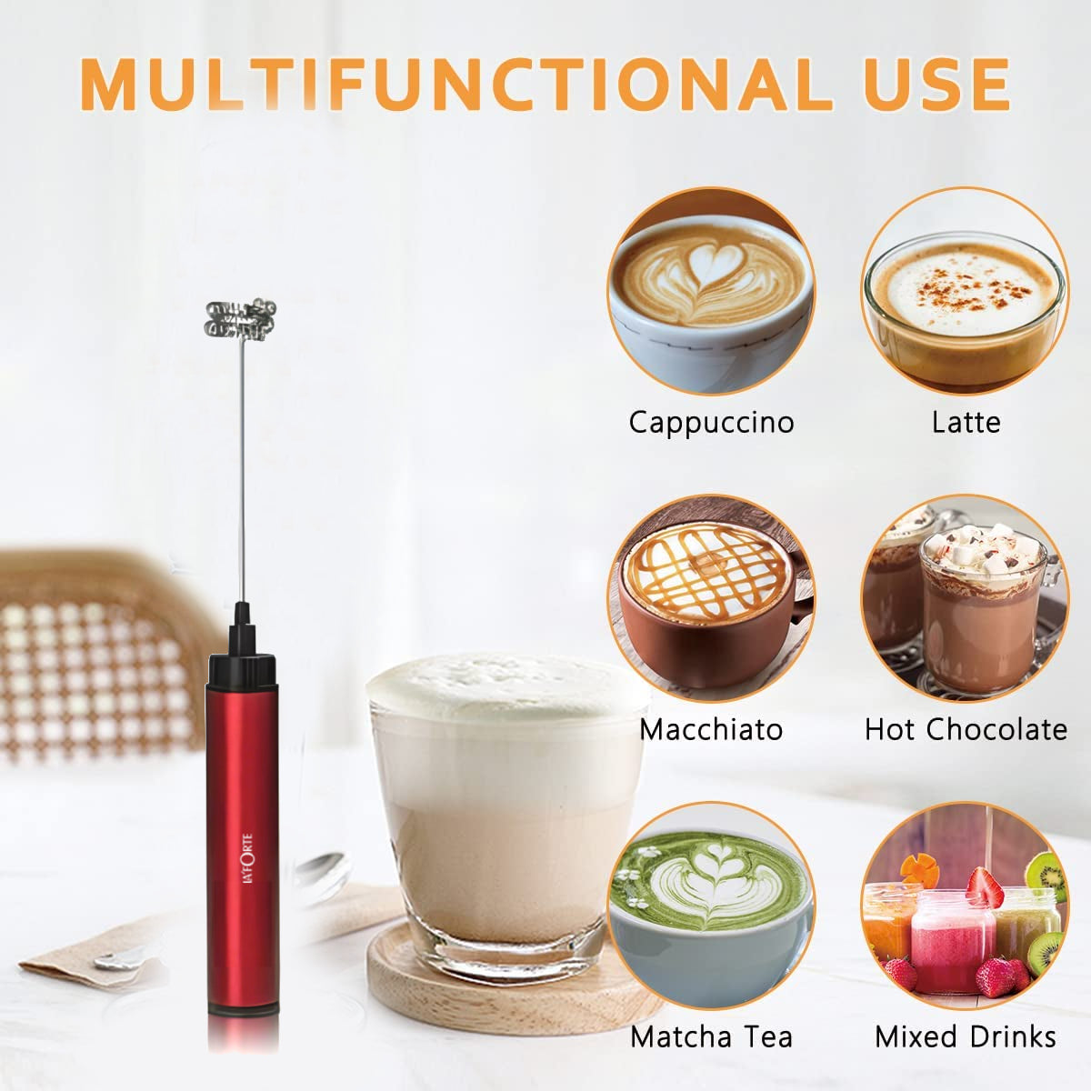 LA' FORTE Rechargeable Mini Blender- Milk Frother, Whisker, Coffee