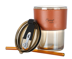 LA' FORTE 450ml Borosilicate Glass Tumbler | Leak-Proof Travel Cup | Glass Straw & Leather Jacket | Hot & Cold Beverages | Dual Drinking Mode - Sip & Straw